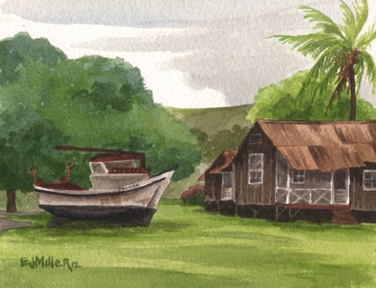 The Pelican Kauai watercolor painting - Artist Emily Miller's Hawaii artwork of house, waimea plantation cottages, waimea, boat art