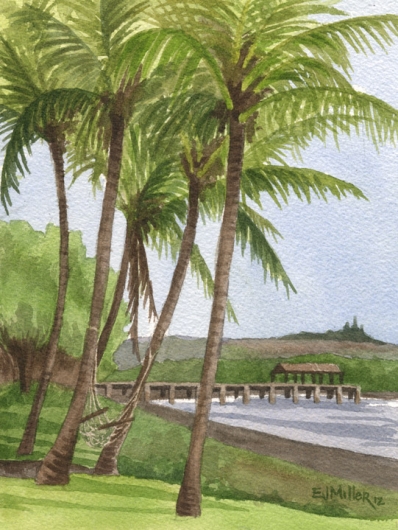 Plein air, Waimea Pier, Makai — Kauai beaches - palm trees, waimea, pier, ocean, beach, hammock artwork by Emily Miller