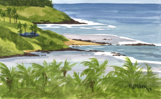 North from Anahola, Makai — Kauai beaches - aliomanu, palm trees, anahola, ocean, beach artwork by Emily Miller