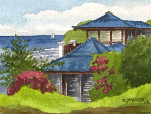 Blue Roofs, Archit­ecture - sailboat, house, anahola, aliomanu, ocean artwork by Emily Miller