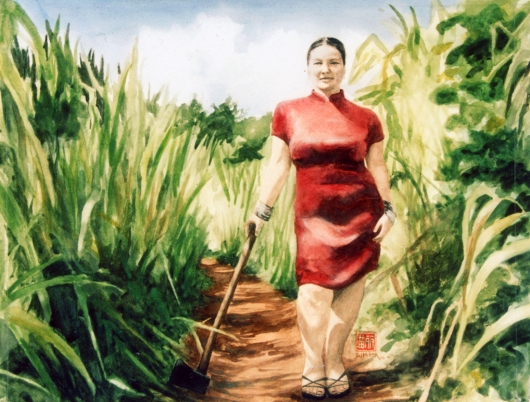 Self-Portrait with an Axe Kauai watercolor painting - Artist Emily Miller's Hawaii artwork of  art