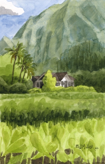Hanalei Taro Fields Kauai watercolor painting - Artist Emily Miller's Hawaii artwork of hanalei, taro, mountain art