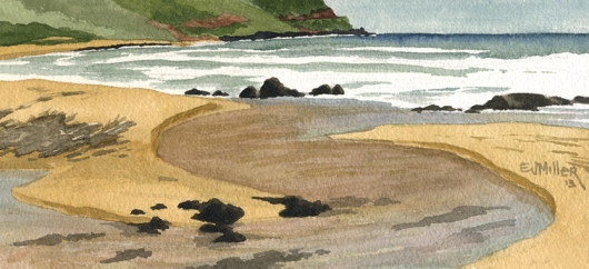 Kealia stream Kauai watercolor painting - Artist Emily Miller's Hawaii artwork of stream, beach, ocean, kealia, kapaa art