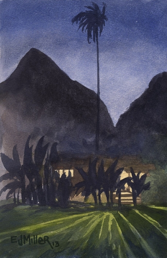 Night at Waimea Plantation Cottages Kauai watercolor painting - Artist Emily Miller's Hawaii artwork of house, waimea plantation cottages, waimea, palm tree art