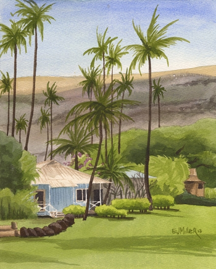 Waimea Plantation Cottage and Hills Kauai watercolor painting - Artist Emily Miller's Hawaii artwork of house, waimea plantation cottages, waimea, palm trees art