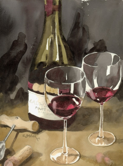 Red Wine 3, Still Life - wine, red wine, wine bottle, wine glasses artwork by Emily Miller