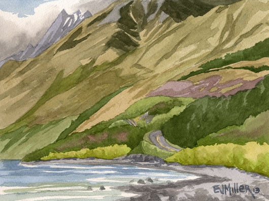 Lake Wakatipu shore, New Zealand -  artwork by Emily Miller