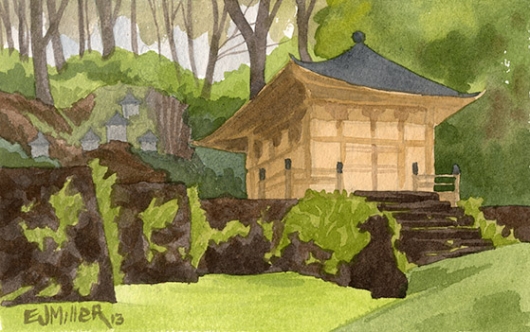 Hall of Compassion, Lawai International Center Kauai watercolor painting - Artist Emily Miller's Hawaii artwork of buddhist art