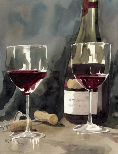 Red Wine 2, Still Life - wine, red wine, wine bottle, wine glasses artwork by Emily Miller