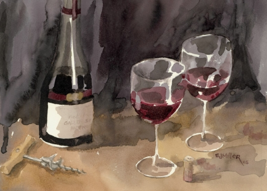 Red Wine 1, Still Life - wine, red wine, wine bottle, wine glasses artwork by Emily Miller