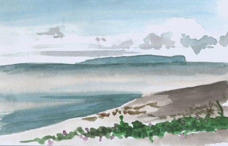 View of Niihau from Waimea Black Sand Beach - Pochade Challenge Kauai watercolor painting - Artist Emily Miller's Hawaii artwork of niihau, island, beach, ocean, waimea art