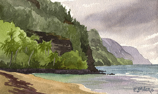 Ke'e Beach lagoon, Makai — Kauai beaches - haena, beach, ocean, cliffs, na pali, palm trees, palms, ke'e beach artwork by Emily Miller