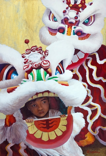 Lion Dance Kauai watercolor painting - Artist Emily Miller's Hawaii artwork of lion dance, boy, chinese new year, festival, parade art