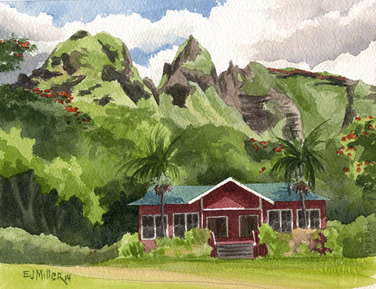 Morning at Anahola Baptist Church, La'a o ke akua — Kauai churches - kalalea, anahola, church, mountain artwork by Emily Miller