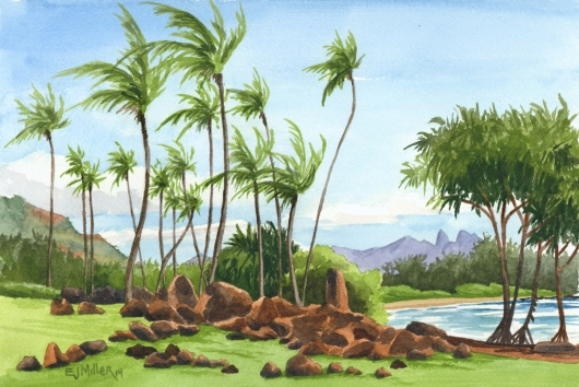 Hikinaakala Heiau Kauai watercolor painting - Artist Emily Miller's Hawaii artwork of kalalea, heiau, kapaa, palm trees, lydgate, ocean art