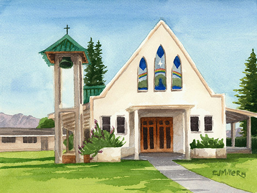 Kapaa First Hawaiian Church Kauai watercolor painting - Artist Emily Miller's Hawaii artwork of church, kapaa art