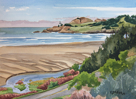 Yaquina Head Lighthouse from Agate Beach, Oregon Coast - beach, lighthouse, oregon coast artwork by Emily Miller