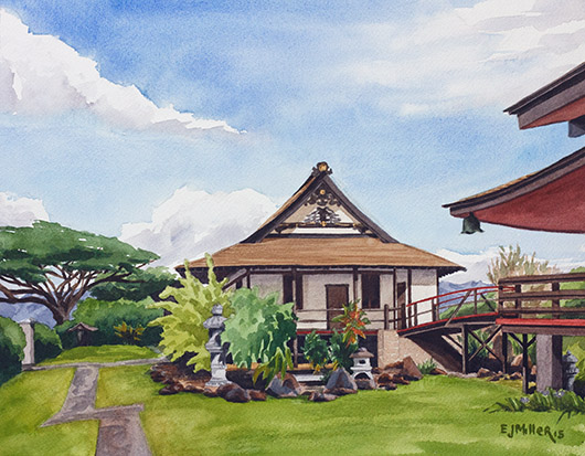 Koloa Jodo Mission Kauai watercolor painting - Artist Emily Miller's Hawaii artwork of koloa, buddhist art