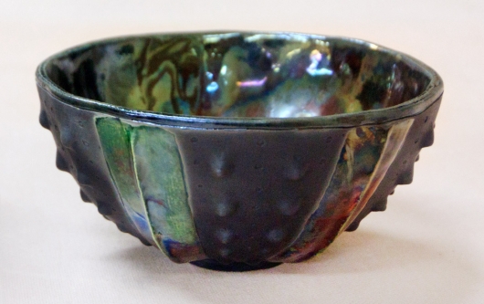 Urchin Raku Bowl - Oil Slick, Urchin Bowls -  artwork by Emily Miller