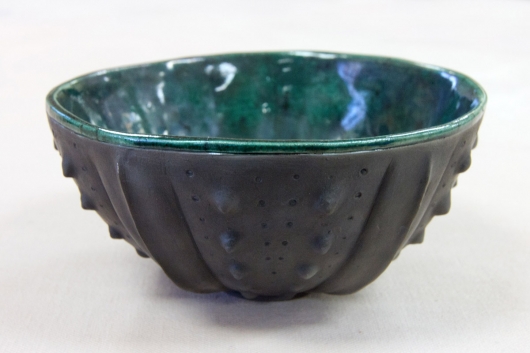 Urchin Raku Bowl - Evergreen, Urchin Bowls -  artwork by Emily Miller