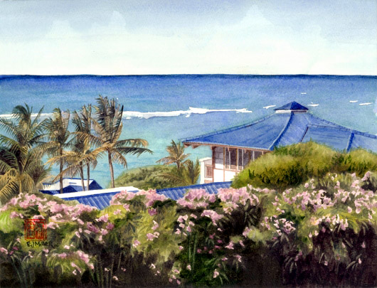 The View from Jean's, Archit­ecture - flowers, house, palms, palm trees, anahola, aliomanu, ocean artwork by Emily Miller