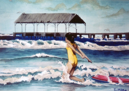 Boogie, Archit­ecture - girl, boogie board, waves, hanalei, ocean, pier artwork by Emily Miller