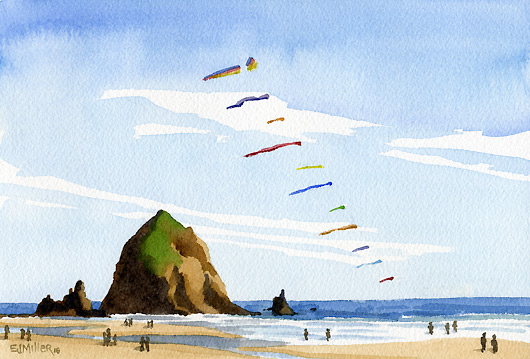 Kites at Cannon Beach, Oregon Coast - oregon coast, cannon beach, haystack rock, ocean, kites artwork by Emily Miller