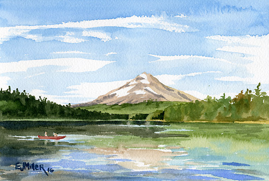 Mt. Hood from Trillium Lake, Countryside - mt hood, lake, boat artwork by Emily Miller