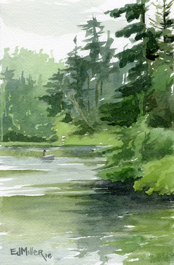 Evening at Lake Marie, Oregon Coast - lake, boat, green artwork by Emily Miller