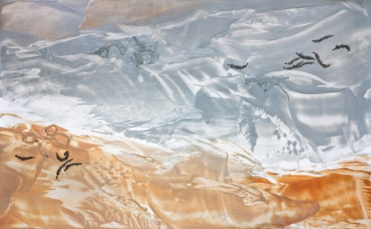  Wind Seeds I, cascadia winter - abstract art, contemporary art, painting, gray, orange, drawing artwork by Emily Miller