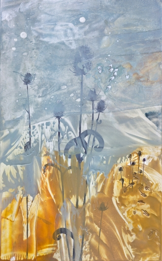  Wind Seeds II, cascadia winter - abstract art, contemporary art, painting, drawing, gray, orange, yellow artwork by Emily Miller