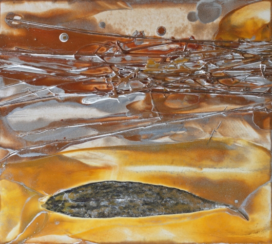  Salmon Creek, cascadia winter - abstract art, contemporary art, painting, orange, brown, yellow, fish artwork by Emily Miller