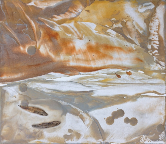  Salmon Creek, cascadia winter - abstract art, contemporary art, painting, orange, brown, yellow, fish artwork by Emily Miller