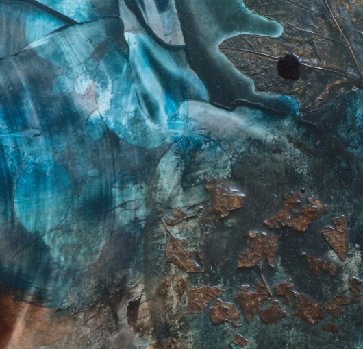  Underfoot IV, cascadia winter - abstract art, contemporary art, painting, leaf, leaves, blue, black artwork by Emily Miller