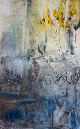 Marsh Dusk, cascadia winter - abstract art, contemporary art, blue, yellow, drawing, painting artwork by Emily Miller