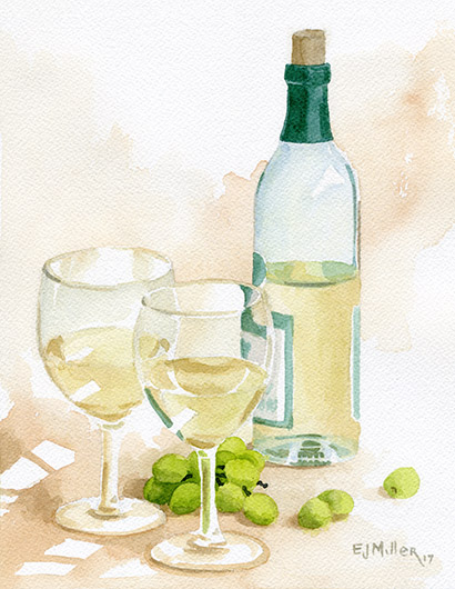 White Wine 1, Countryside - wine, white wine, grapes, wine glasses, wine bottle, still life artwork by Emily Miller