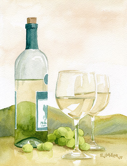 White Wine and Hills, Countryside - wine, white wine, grapes, wine glasses, wine bottle, still life artwork by Emily Miller