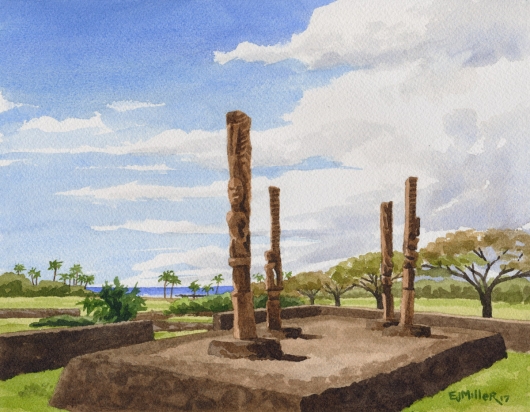 Tiki at Kaneiolouma Poipu Hawaiian village Kauai watercolor painting - Artist Emily Miller's Hawaii artwork of poipu, heiau, tiki, kaneiolouma art