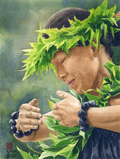 Heritage, Noho 'ana — Kauai life - maile lei, hula artwork by Emily Miller