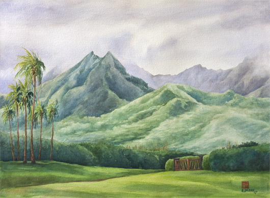 Hihimanu from Pooku, Mauka — the mountains - hihimanu, hanalei, princeville, north shore kauai, namolokama artwork by Emily Miller