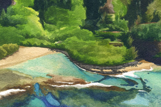 Detail - hula platform and Kalalau Trail Pali at Ke'e Beach, La'a o ke akua — Kauai churches - kee beach artwork by Emily Miller