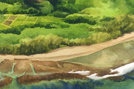 Detail - taro patch Pali at Ke'e Beach, La'a o ke akua — Kauai churches - kee beach artwork by Emily Miller
