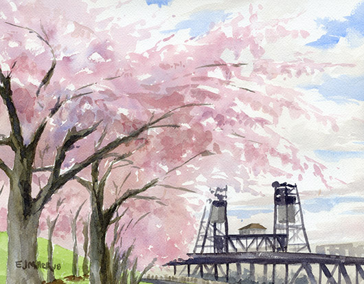 Cherry Blossoms at Portland Waterfront, Portland - cherry blossoms, portland oregon, steel bridge, portland bridges artwork by Emily Miller