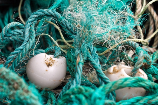 Tangled rope and floats, before cleaning and unraveling Ukidama - Japanese Oregon Baskets, Ghost Net Baskets -  artwork by Emily Miller