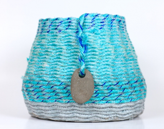 Aqua overstitch XL basket, Ghost Net Baskets -  artwork by Emily Miller