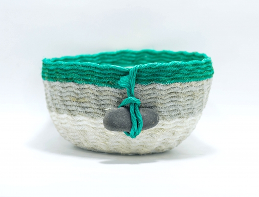 Green Lip Gray Bowl, Ghost Net Baskets -  artwork by Emily Miller