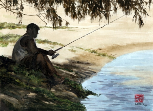 In The Shade, Noho 'ana — Kauai life - fishing, fisherman, aliomanu, anahola, beach, ocean artwork by Emily Miller