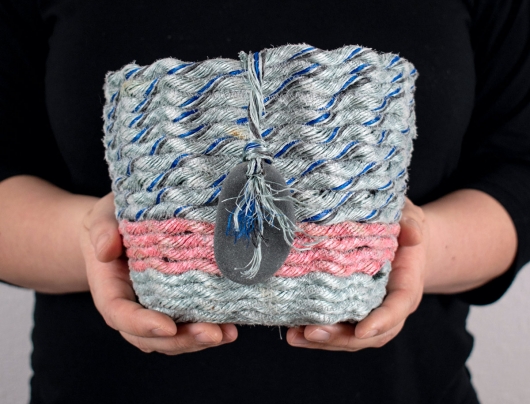  Pink Stripe Gray Basket, Ghost Net Baskets -  artwork by Emily Miller