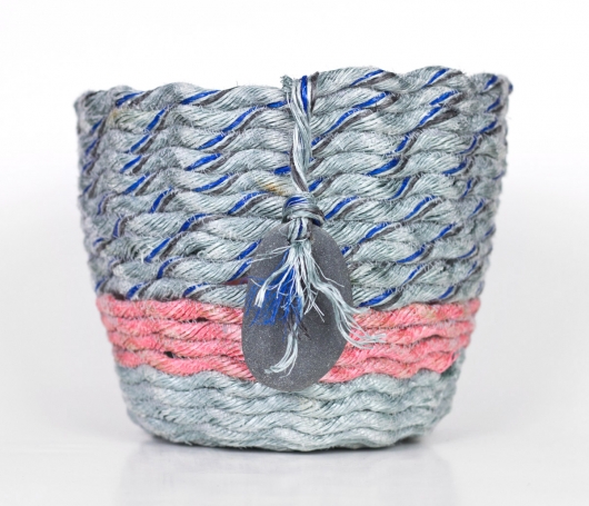 Pink Stripe Gray Basket, Ghost Net Baskets -  artwork by Emily Miller