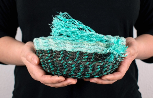  Aqua Lip Black Bowls, Ghost Net Baskets -  artwork by Emily Miller